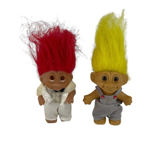 Vintage Troll Toy Figures Yellow Red Hair White Tuxedo w/Extra Outfit - Picture 2 of 5